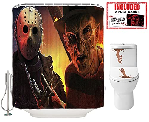 Halloween Shower Curtain Set For Bathroom- Scary Killer Freddy Jason, Horror Movie Themed Holiday Polyester Fabric Decoration With Hooks And Toilet Sticker, Include 2 Postcards, Party Decor Gift 72X72 #TOP6
