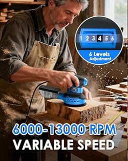 Random Orbital Sander 350W, 125mm Electric Sander with Active Dust Extraction, 10Pcs Sandpapers, 6-Speed 6000-13000 RPM, Hook & Loop Backing Pad for Woodworking/Polishing