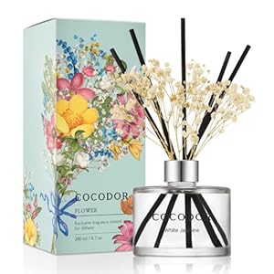 COCODOR Flower Reed Diffuser Set / 6.7oz / White Jasmine/Scent Diffuser with Sticks Home Fragrance Reed Diffuser for Bathroom Shelf Decor