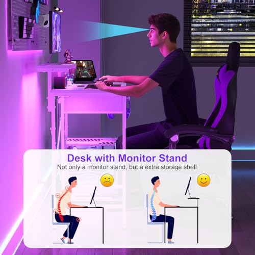 Image of X-cosrack 33.5 inch Small Computer Desk with Monitor Stand & Outlets, Small Gaming Desk with LED Light & CPU Stand, Teen Study Writing Table with Storage Drawer, Side Hooks for Bedroom, Home Office White
