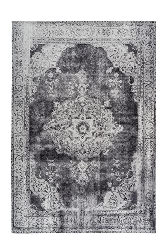 Qiyano Teppich Wohnzimmer orientalisch Antik Vintage modern Used Ornament-Muster flach gewebt mit Baumwollrücken Schwarz, Farbe: Anthrazit, Größe 200 x 290 cm Cover