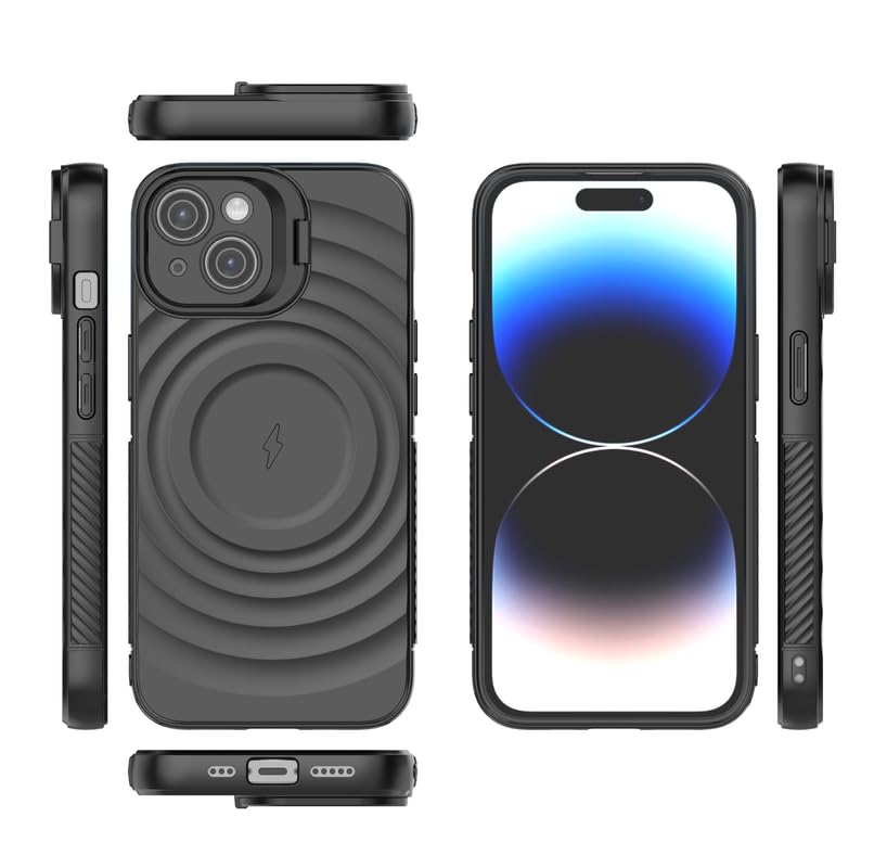 Image of LuxuryKase Shockproof Case for iPhone 14 | Ripple Pattern | Camera Protection | Inner Velvet Fabric Lining | Protective Cover with Enhanced Grip & Wireless Charging Support - Black
