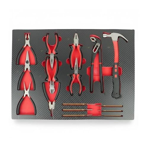 Gear4garage Red/Black 16 Piece Pliers Set And Claw Hammer Tool Kit Circlip Pliers Long Nose Diagonal Cutters Pipe Wrench Carbon Fibre Style Tray Hand Tool Set For Garage And Workshop