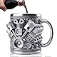 HA BIN 3D V8 Motoren Edelstahlbecher, 300ML Engines edel-stahl Kaffeetasse, Auto Motoren Form Teetassen, für Zuhause, Studio, Reisen, Autoliebhaber (Silber)