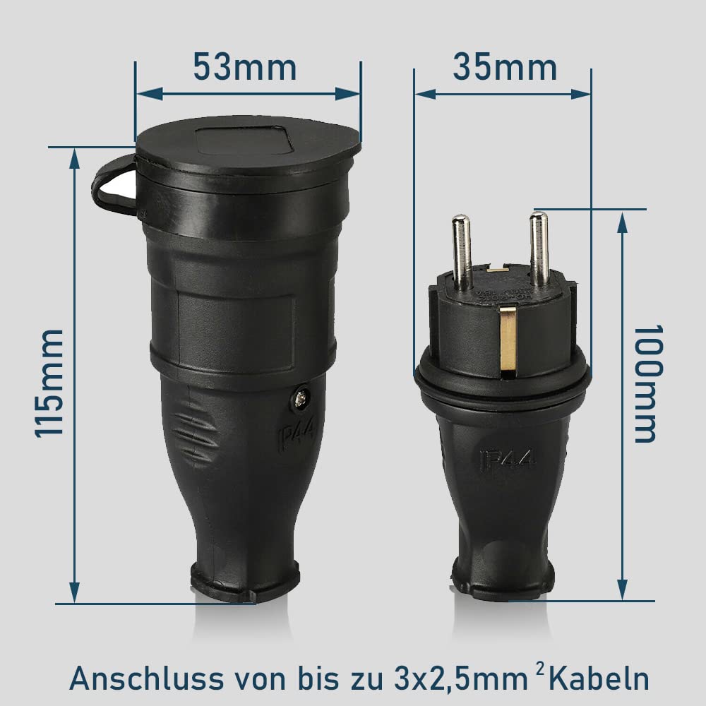 XIIW Enchufe Schuko (5 macho + 5 hembra) | Resistente a impactos y calor 80°C | 16A-250V-4000W | Pack de 5+5 clavijas y tomas para cables de 0,5-3 mm², apto para exterior, camping, talleres y obras