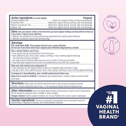 azo yeast plus dual relief homeopathic medicine  yeast infection symptom relief itching amp burning  vaginal symptom relief occasional odor amp discharge  1 most trusted brand  2 pack 60ctx2