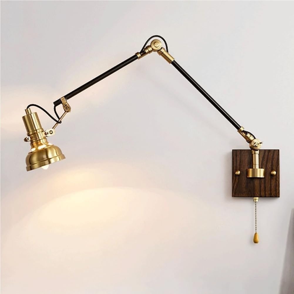 Holz Retro Wandleuchte Verstellbar Langer Arm mit Schalter, Messing Wandlampe Innen Schwenkarm Wand Leselampe, Flexible Drehbar Wandbeleuchtung Gold Rustikale Wohnzimmerlampe 30cm+30cm