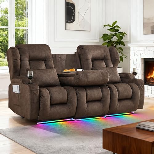BINGTOO Manual Loveseat Recliner Sofa with Flip Console, 3-Seater RV Wall Hugger Couch for Living Room & Home Theater, with Cup Holders/Side Pockets, Velvet Brown