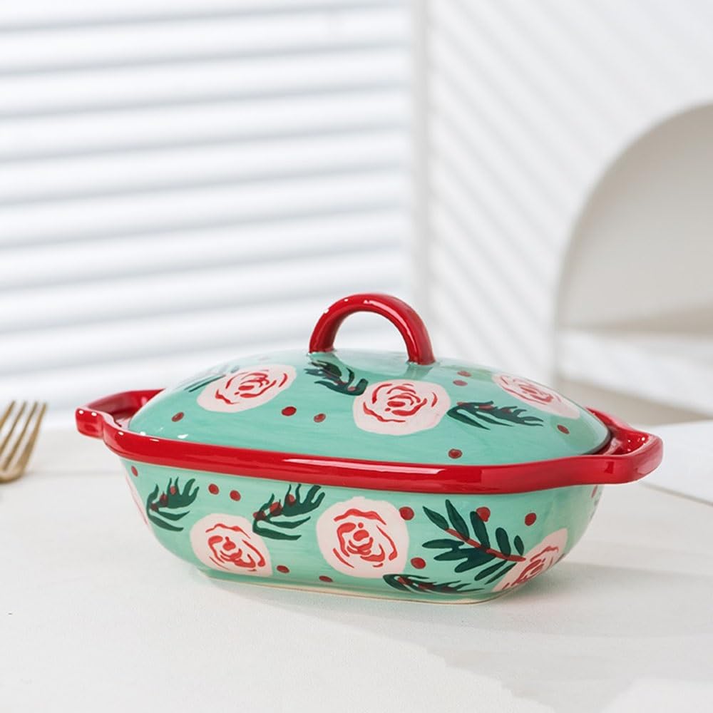 Piatto da forno Teglia rettangolare in ceramica con doppio manico floreale colorato