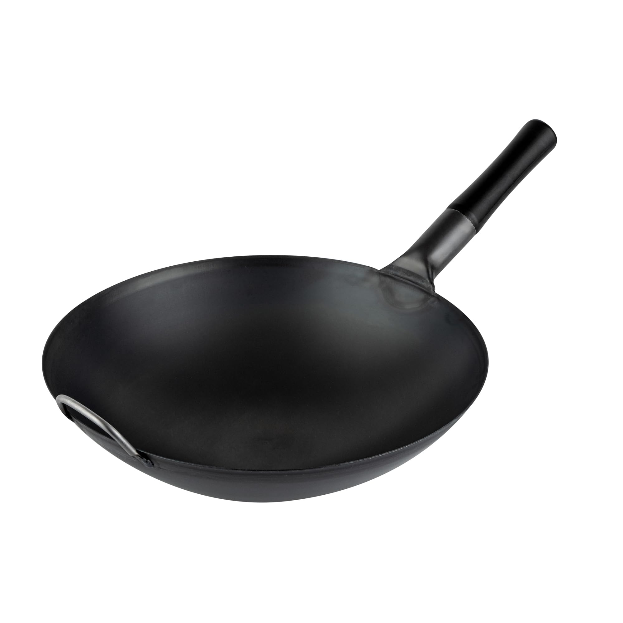 Motomori 14 Inch Pre-Seasoned Carbon Steel Wok, 1 Traditional Japanese Wok - Round Bottom, Wooden Handle, Black Carbon Steel Traditional Stir Fry Pan, With Helper Handle - Restaurantware