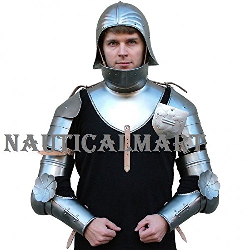 NauticalMart Plate Armour Pauldrons, Basinet, Gorget wit Bevor, rerebraces, couters and vambraces