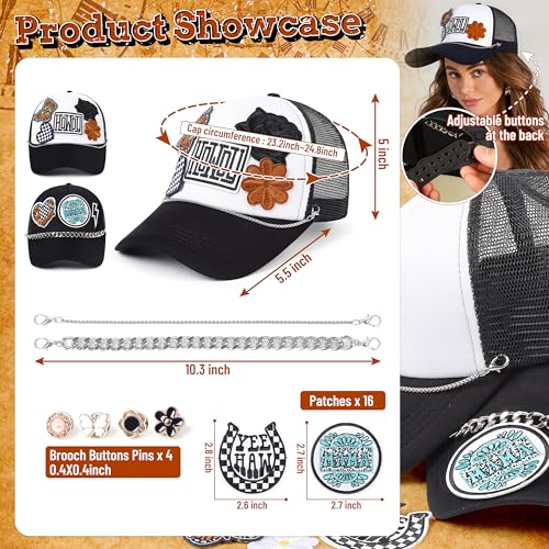 Image of Meneng Western Trucker Hat for Cowboy: Men Women Adjustable Snapback Caps with 8pcs Embroidered Patches and a Chain