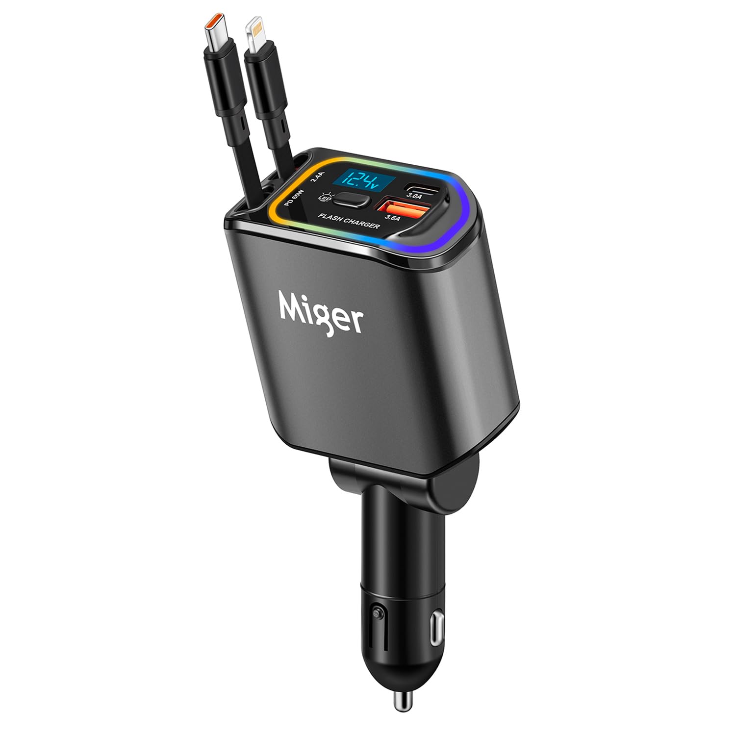 Miger Cargador retráctil de coche 4 en 1,100 W cargador de coche USB C con 2 puertos USB adaptador de cargadores de teléfono de co