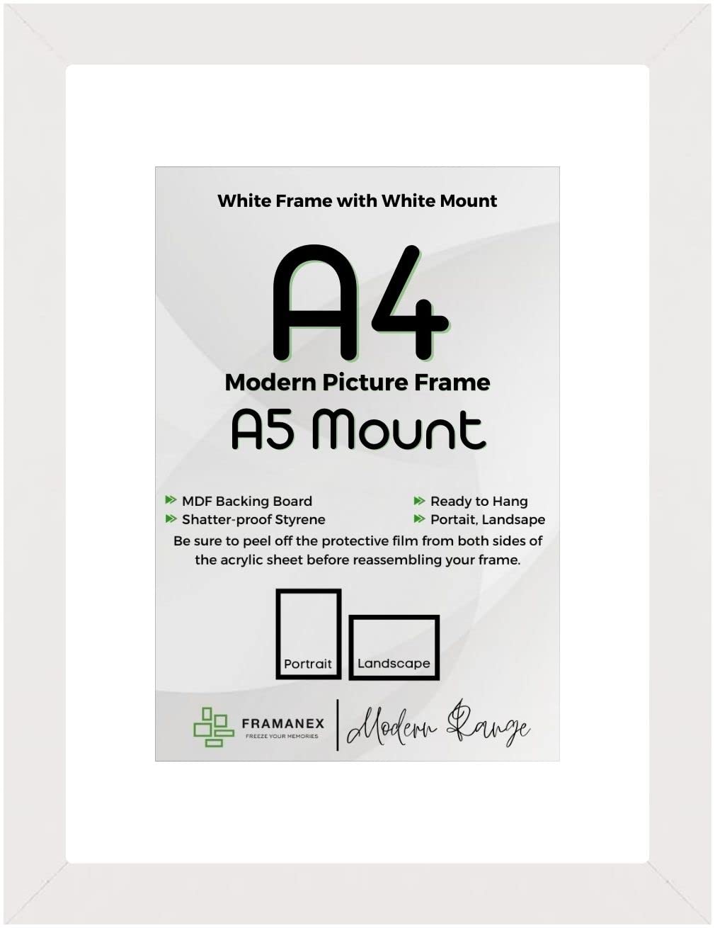FRAMANEX WHITE Large A4 Picture Poster Frame Size 11.7 X 8.3 inch, 29.7 X 21cm, 297 X 210mm with White mount to fit image print size A5, 8 X 6 inches, 20 X 15cm, 200 X 150mm [WHITE A4/A5 Frame]