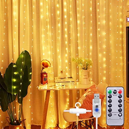 SUNNEST Curtain Lights, 300 LED Curtain Fairy Lights 3mx3m USB Window String Lights with 8 Modes Remote Control Timer for Outdoor Indoor Wedding Party Garden Decoration