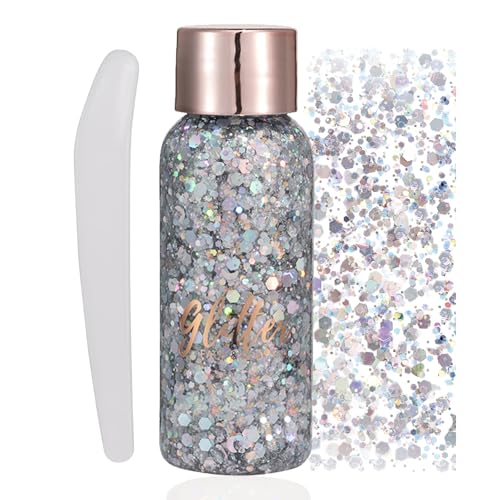Gel de Purpurina para Cara y Cuerpo 50ml,Maquillaje Festival,Carnaval, Fiestas,Halloween,Gel Glitter para Ojos,Labios,Cabello,Piel,Brillo Sirena Plata