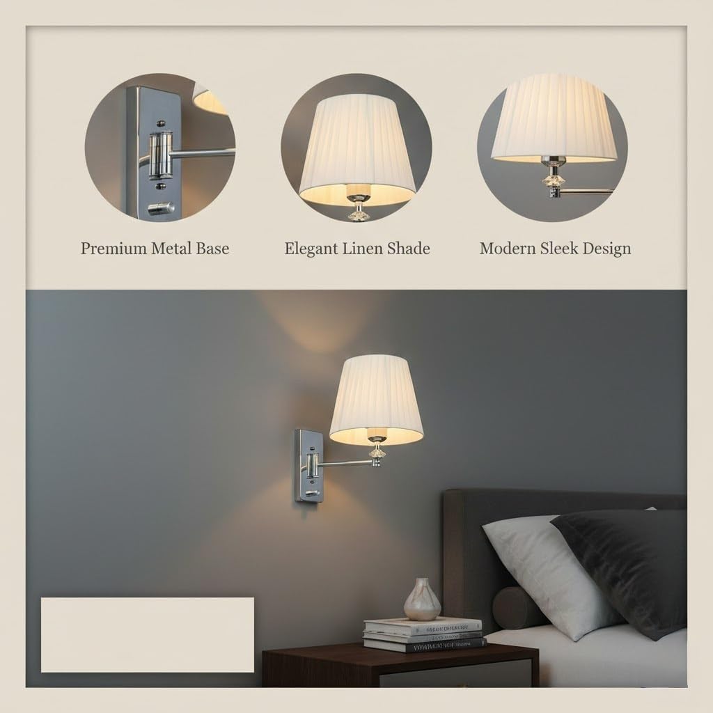 Swing Arm Wall Light, Chrome Adjustable Wall Sconce, White Fabric Shade Wall Lamp for Bedroom, Bedside, Living Room, Hallway, Hotel, Entryway, Corridor, Reading Fixture, Foyer Parlor