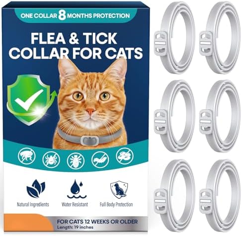 Flea and Tick Collar for Cats 6 Pack, 8 Months Protection, Plant-Based Ingredients, Water-Resistant, Adjustable & Lightweight, Suitable for Adult Cats & Kittens, White
