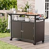 MU Outdoor Bar Cart with Storage and Wheels, Outdoor Bar Table with Tempered Glass Top & Shelf, Rolling Wicker Storage Cabinet with Rounded Handle & Side Basket for Backyard, Poolside, Garden, Black