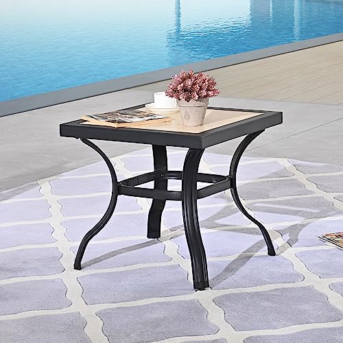 Image of LOKATSE Home 21 inch Outdoor Square Patio Bistro End Table Metal Steel Legs with Ceramics Top, Black