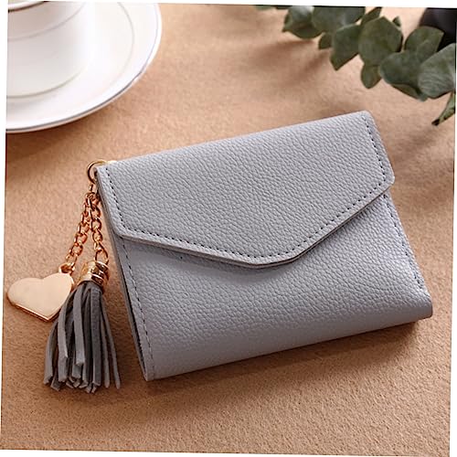SAFIGLE Women Light Grey Mini Trifold Wallet with Tassel Pendant Pu Leather Cash Holder for Cards Elegant Grain Design for Everyday Use4