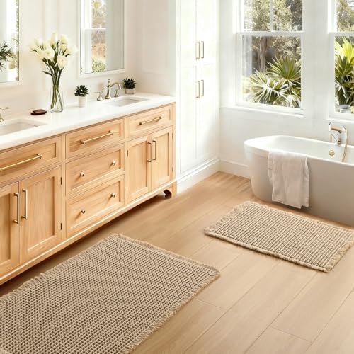 JIUZHEN Set of 2 Waffle Bath Mats Boho Non Slip Bath Rugs Washable Bathroom Rugs Super Absorbent Waffle Mats Ultra Soft Fast Drying Mat for Bathroom Floor, Tub, 16" x 24" +20" x 32", Brown