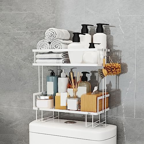 Yoboamic Over The Toilet Storage Shelf, 2 Tier Over Toilet Bathroom Organizer Shelf, No Assembly Over Toilet Shelf, Over The Toilet Storage Rack with Hooks, No Drilling with Wall Mounting Space Saver