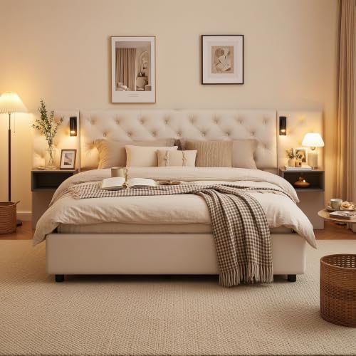 Julyue Lit double avec tables de chevet, 160 x 200 cm, rembourré, lampe de lecture et USB, hydraulique, rangement, cadre en bois, blanc