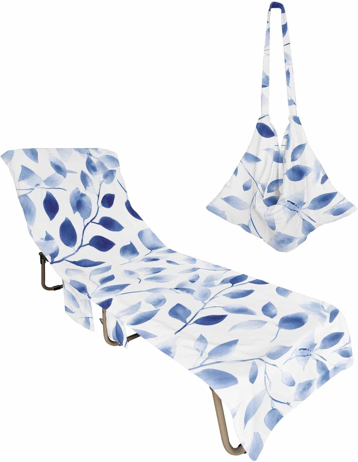 Vintage Blue Leaves Beach Pool Patio Lounge Chaise Chair Cover Towel With Pockets,Absorbent & Quick Dry Microfiber Towel Cover Bag Summer Accessories Abstract Modern Fall Winter Botanical Plant