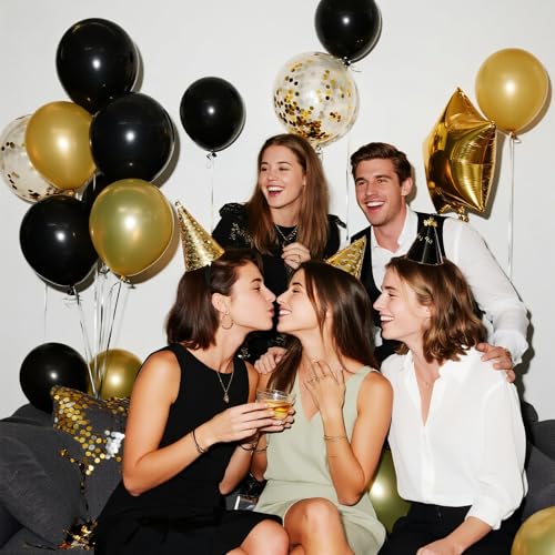 Image of Black and Gold Balloons, 12 Inches 60 Pieces Black Balloon Metallic Chrome Gold Confetti Balloon for Birthday, New Year, Graduation Party