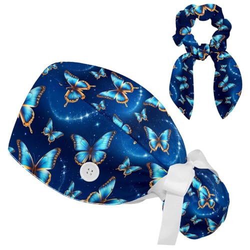 Image of Butterfly Scrub Cap Women with Ponytail & Buttons Adjustable Surgical Nurse Hat with Cotton Sweatband for Long Hair