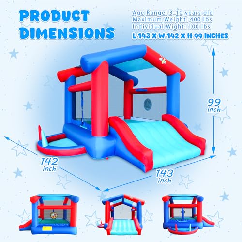 Bounce House with Slide, Kids Inflatable Bouncer with Sunshade Overhead Cover, Blower, 143 x 142 x 99 inches Backyard Bouncing Castle with Jumping Area, Ball Pit - Image 3