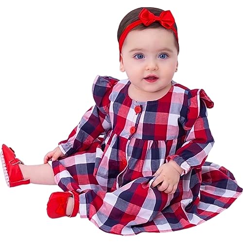 Vestido de Bebê Menina Manga Longa Xadrez Vermelho com Tiara 100% Algodão Mundo Nina Cecilia Tamanho