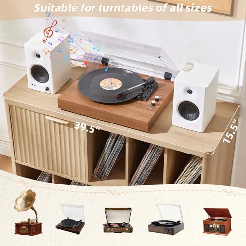 Image of LEYAOYAO Large Record Player Stand with Vinyl Storage Up to 450 Albums, Wood Fluted Boho Record Storage Accent Cabinet, Modern Stereo Media Cabinets, Wide Turntable Stand for Living Room, Natural Oak