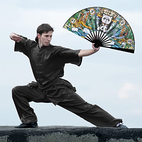 Essshop 13" Large Folding Hand Rave Fan For Women/Men, Chinese Kung Fu Tai Chi Bamboo And Nylon-Cloth Foldable Held Fan With Fan Bracket For Party,Drag Queen,Decorations And Festival Gifts (Panda) #TOP6