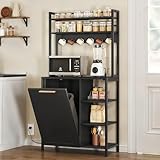 DWVO Black Bakers Rack with Trash Can Bin Cabinet and Power Outlet, Microwave Stand Cabinet with 6 Hooks, 6-Tiers Farmhouse Kitchen Tall Thickened Coffee Bar Table Station with Storage Shelf