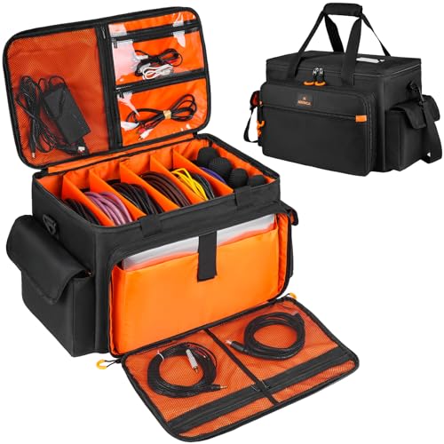 DJ Cable Bag with Laptop Compartment & Microphone Pocket – Detachable Dividers Cable Organizer for...
