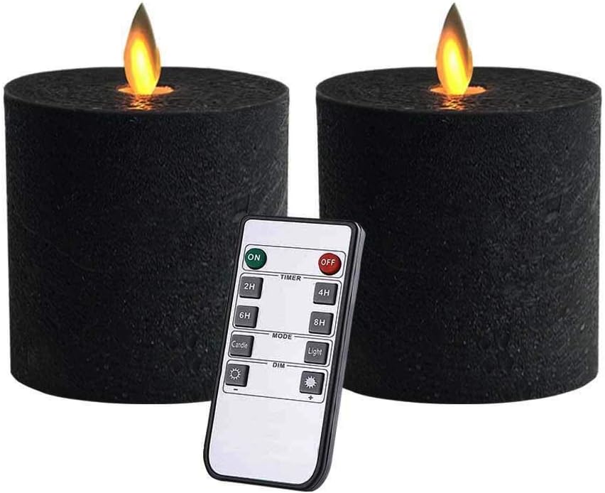 Only-us Black Flameless Candles Set of 3 (3x3 inch) Flickering LED Candles Battery Operated with Remote Control Timers for Fireplace Bedroom Livingroom Party Dimmable Pillars Flat top : Home & Kitchen