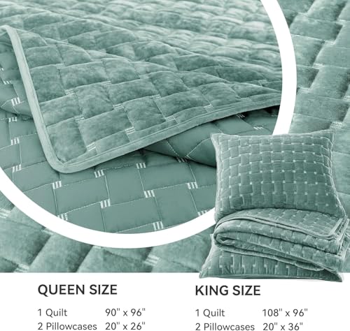 Image of Grassix Velvet Quilt Set King Size, Luxury Geometric Design, Aqua Green