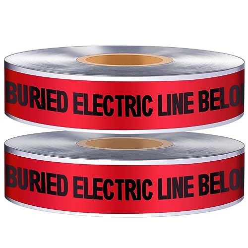 Copkim 2 Roll 2 Inch x 1000 Feet Detectable Safety Tape Buried Gas Line Electrical Caution Safety Warning Tape for Underground Buried Electric Wire Gas, Black Print(Red)