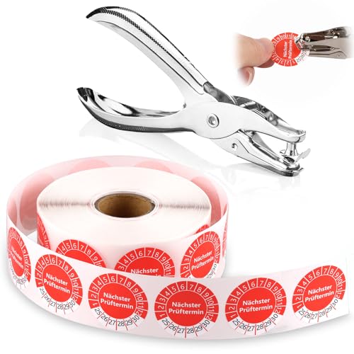 Lot de 1000 plaques de test de 30 mm - 1 pince perforée - Trou rond de 3 mm - Rouge - Plaquettes de contrôle pluriannuelles 2025-2030 - Auto-adhésives - Poinçon unique - Sceau de contrôle pour