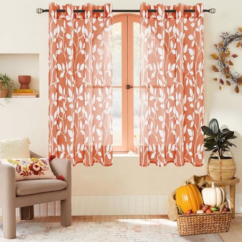 MRTREES Rideau Voilage Court Transparent 140x160 CM pour Cuisine Fenetre Chambre, Rideaux Orange Rouge et Draperies Intérieurs Rideau Salon en Voile à...