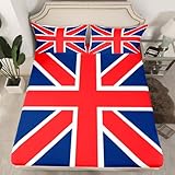Catalonia Union Jack Bed Sheets Set UK Flag Fitted Sheet British Flag Bedding Set Gift for British Bed Cover Red and Blue Geometric Stripes Full Size with 2 Pillow Case
