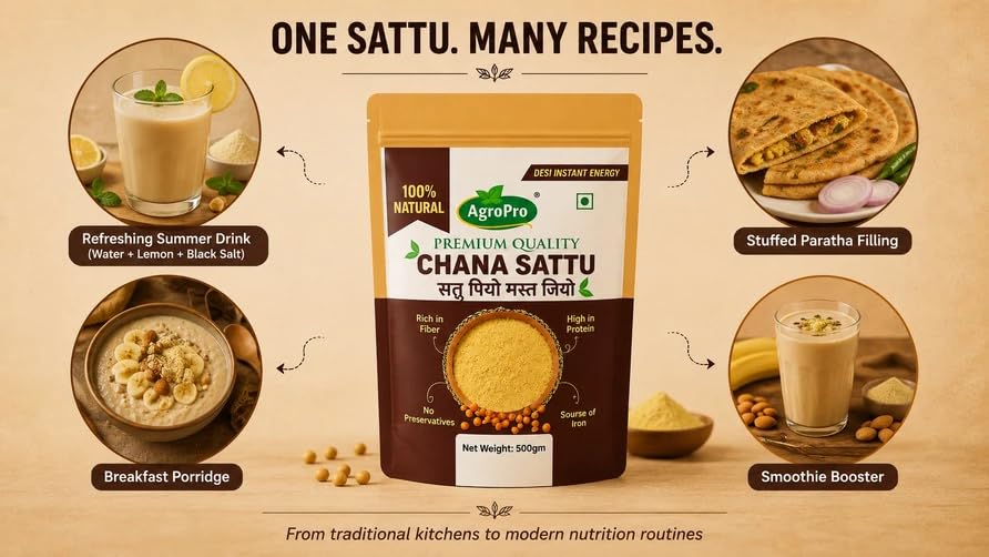 Image of AgroPro Chana Sattu Flour, 100% Natural, High in Protein, Rich in Fiber, Source of Iron, 500gm, Made from Roasted Bengal Gram