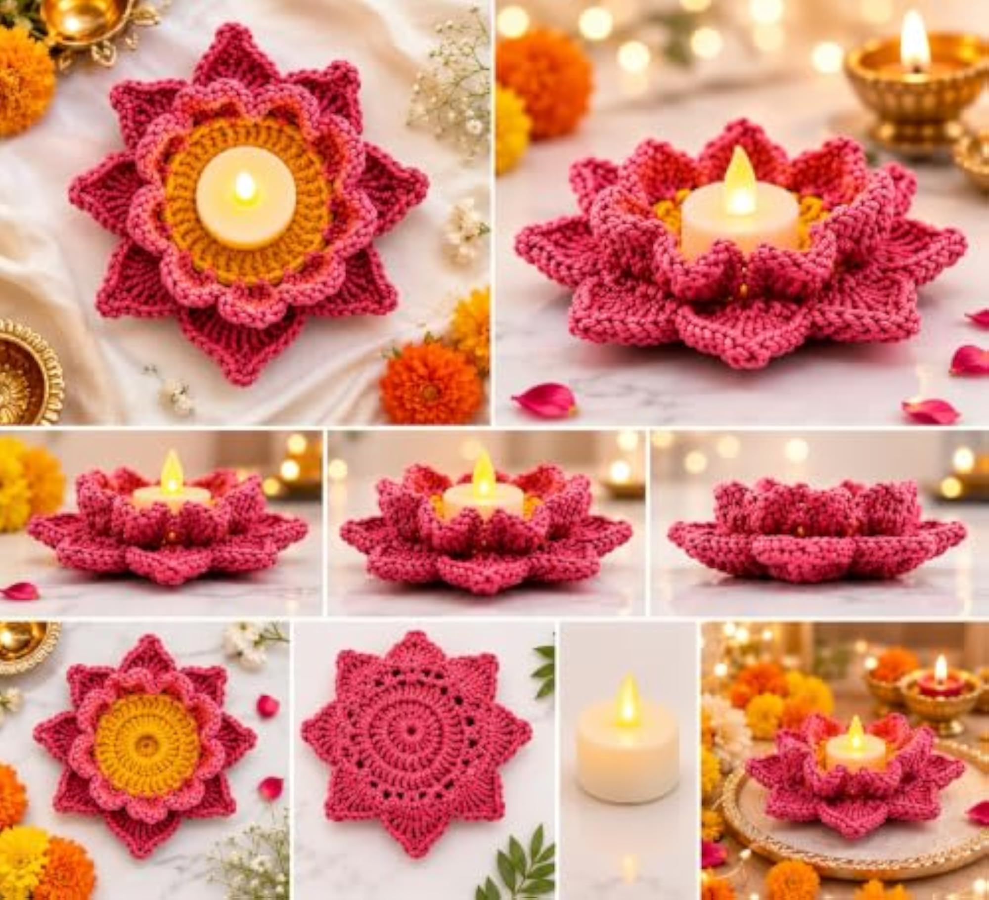 Crochet Lotus Tealight Candle Holder for Pooja
