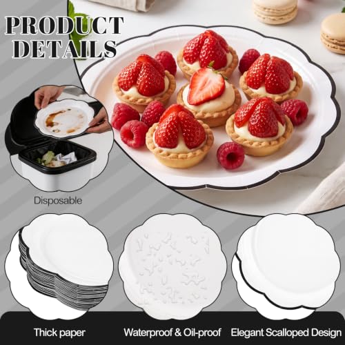 Image of 30 Pcs Black and White Paper Plates 7 Inch Halloween Plates Disposable | White Cake Dessert Plates with Black Trim Scalloped Party Plate for Baby Shower, Wedding, Bridal Shower, Birthday