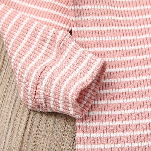 Luckinbaby Baby Unisex Romper Jumpsuit, Basic Plain Rib Stitch Stripe Long Sleeve Bodysuit Clothes For Infant Boy Girl (Pink Striped Romper, 0-3 Months) #TOP3