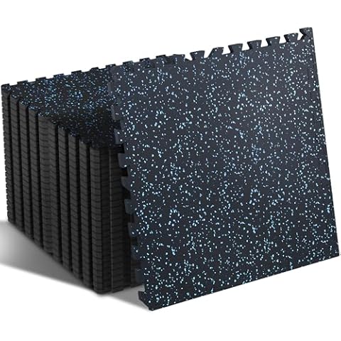 SUPERJARE 0.4 Inch Gym Flooring for Home Gym, 24 Tiles Gym Floor Mat with Heavy Duty Rubber Top, Interlocking Rubber Flooring Mats, 24"" x 24"" Workout Exercise Equipment Mats (96 sqft), Black/ Blue Cover