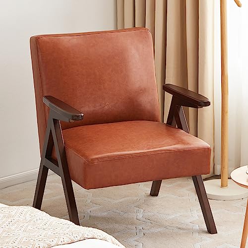 Huimo Leather Side Chair,Solid Wooden Armchair,Accent Chair，Modern Century Chair,Reading Chair,Pu Chairs For Living Room,Oversized Chair,Upholstered Elegant Bedroom Chair,Brown #TOP20
