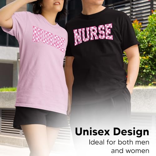 Nurse Checkerboard Graphic T-Shirt – Unisex Cotton Appreciation Tee – Cute Pink Letter Print Medical Top4